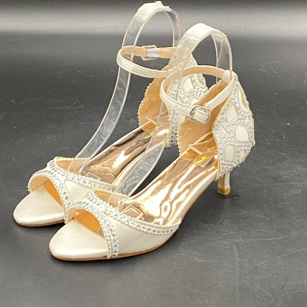 XYD white rhinestone peep toe kitten low heels slip on ankle strap sandals shoes - Picture 2 of 8